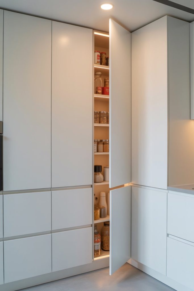 Hidden Corner Pantry Behind Cabinet Panels