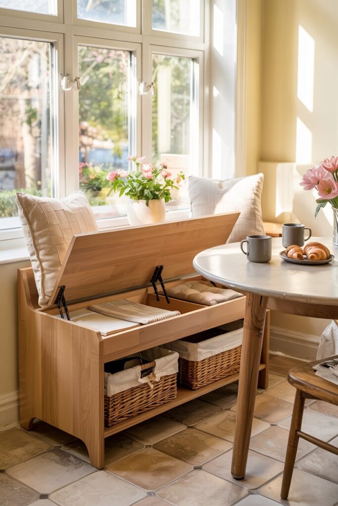 Window-Side Kitchen Storage Bench with Lift-Up Seats