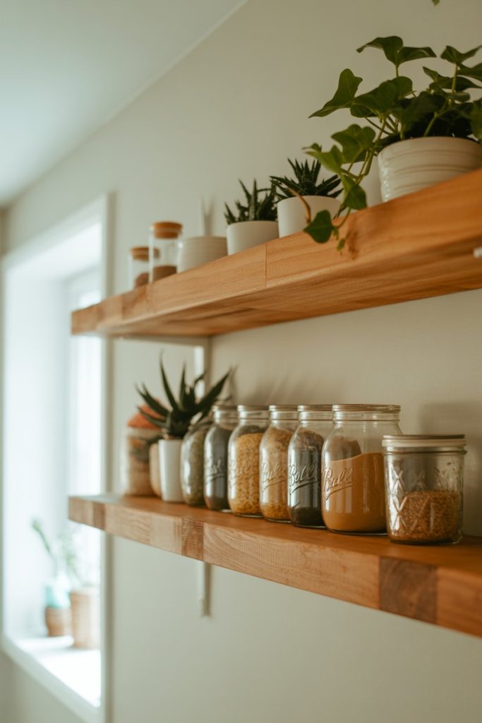 Floating Wooden Shelves with Minimal Decor