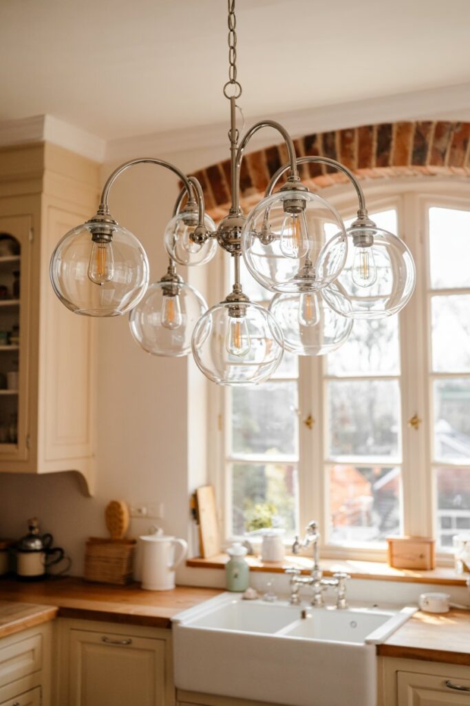 Globe Chandelier Centered Over the Sink Window