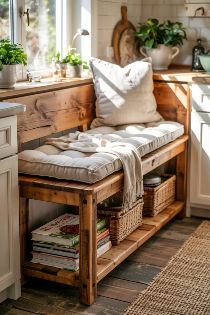 Storage Bench with Built-In Cookbook Shelf