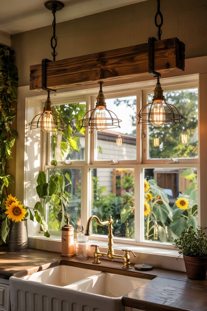 “Rustic wooden beam light fixture with hanging bulbs above kitchen sink window, farmhouse kitchen design”