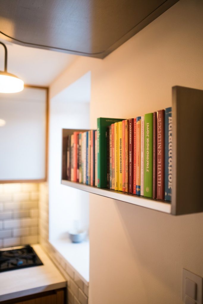 “slim wall shelf in kitchen corner displaying colorful cookbooks”