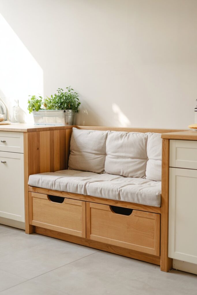 “Kitchen pantry storage bench with cushioned seat and hidden dry food storage compartments”