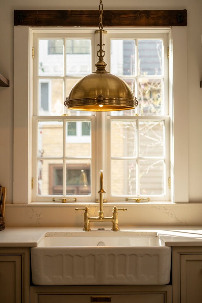 Brass Dome Pendant Above the Window