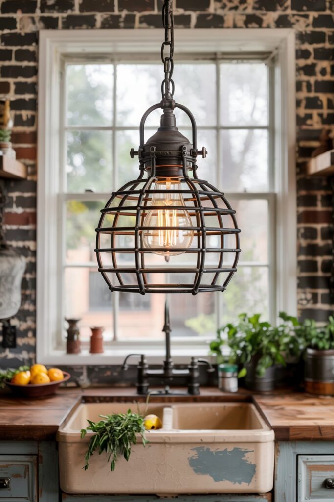 Industrial Cage Pendant Over the Sink Window