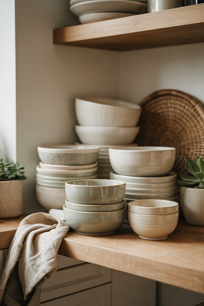 Corner Shelf with Decorative Bowls