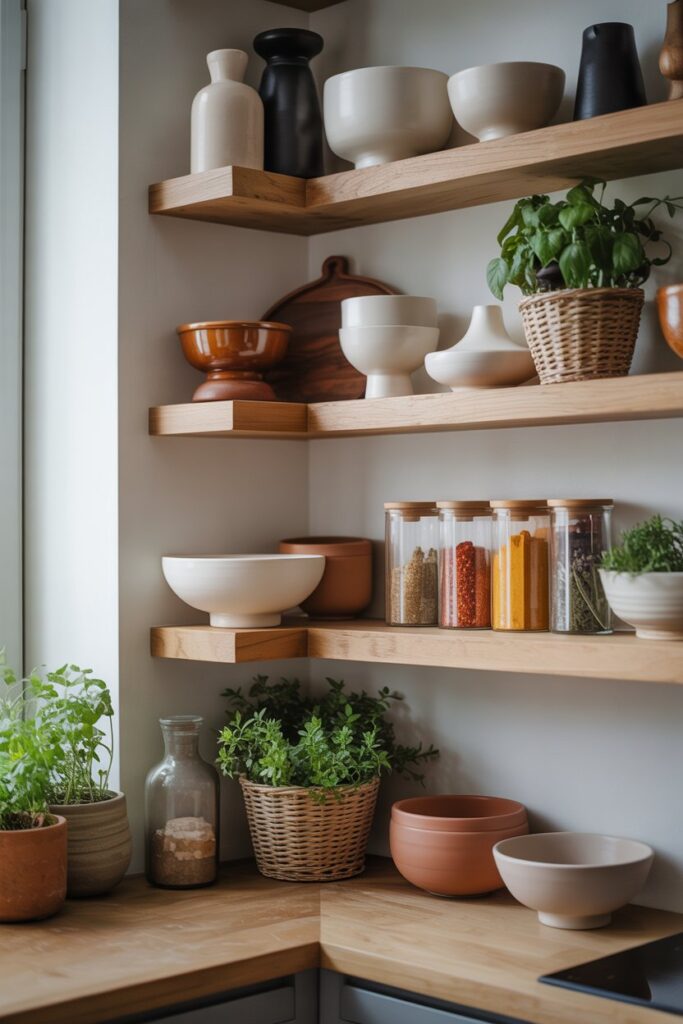 Layered Corner Shelf Arrangement
