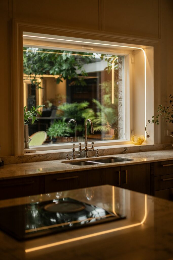 Hidden LED Cove Lighting Above the Window