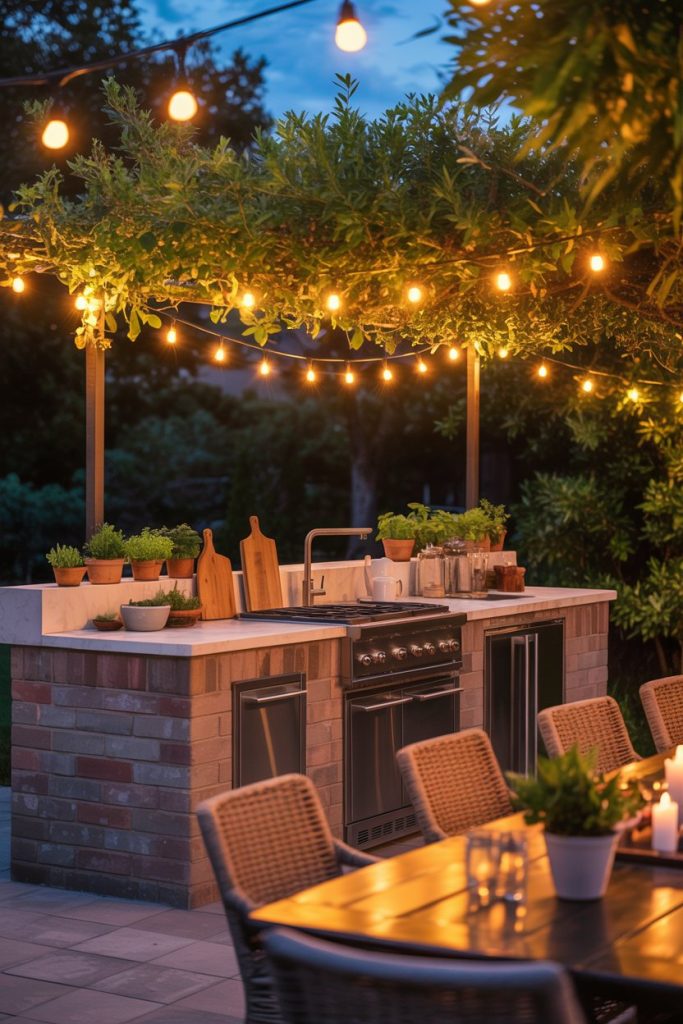 String Light Outdoor Kitchen Setup