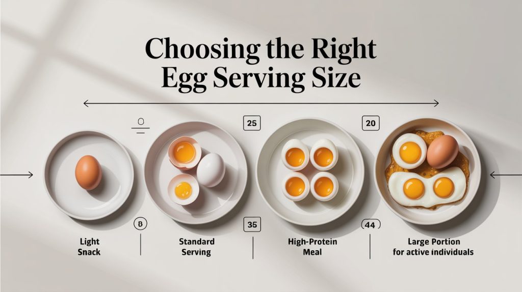 Ultra realistic 4K food infographic titled "Choosing the Right Egg Serving Size", top-down view on a clean kitchen table with eggs arranged in increasing portions: 1 egg (light snack), 2 eggs (standard serving), 3 eggs (high-protein meal), 4+ eggs (large portion for active individuals), each clearly labeled with portion description, visual comparison using plates showing increasing quantity, subtle arrows indicating portion growth, small icons for protein and calories, high detail eggs (whole, cracked, cooked variations like boiled and fried), clean modern infographic layout, soft natural lighting, minimal elegant typography space, professional nutrition infographic style, ultra detailed, realistic shadows, 4K