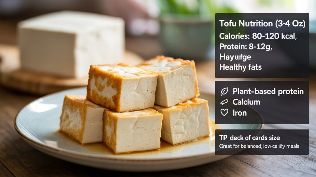 Ultra realistic 4K food photography showing a 3–4 oz portion of tofu (firm, cubed and lightly pan-seared) on a clean plate. Include a block of tofu in the background for context.
Lighting: soft natural daylight highlighting texture (smooth interior, lightly golden edges).
Overlay clean infographic-style text beside the plate:
Title:
“Tofu Nutrition (3–4 oz)”
• “Calories: 80–120 kcal”
• “Protein: 8–12g”
• “Healthy fats”
Add a benefits section:
• “Plant-based protein”
• “Calcium”
• “Iron”
Include a label near the portion:
“≈ Deck of cards size”
Add a small tip box:
“Great for balanced, low-calorie meals”
Optional visual cues:
• Leaf icon for plant-based protein  
• Bone icon for calcium  
• Heart icon for healthy fats  
• Subtle larger tofu portion in background to suggest portion flexibility  
Style: clean, modern, Pinterest-style layout with high-detail textures and balanced spacing.