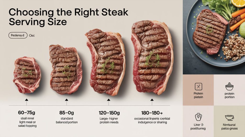 Realistic 4K food infographic titled "Choosing the Right Steak Serving Size", top-down layout showing four steak portions arranged from small to extra large on a clean kitchen surface, labeled clearly: 60–75g (small – light meal or salad topping), 85–100g (standard – balanced portion), 120–150g (large – higher protein needs), 180g+ (extra large – occasional indulgence or sharing), ultra-realistic grilled steak texture with sear marks and juicy interior, side section showing a balanced plate with steak, vegetables, and whole grains, minimal modern infographic design, soft natural lighting, neutral background, small icons (protein, plate, portion), clean typography space, professional nutrition infographic style, high detail, sharp focus, 4K resolution