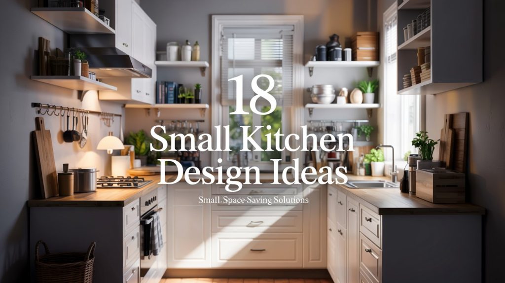 Realistic 4K interior scene of a small modern kitchen, compact L-shaped layout with light color palette (white cabinets, light wood accents), open shelving with minimal items, wall-mounted storage hooks, built-in appliances, soft natural sunlight coming through a window, clean and clutter-free aesthetic, cozy and functional small space design, Pinterest style, ultra detailed, sharp focus, overlay text: "Small Kitchen Design Ideas" in elegant modern font at top center, subtle subtext "Smart Space-Saving Solutions" with minimal typography, balanced composition, high-end interior photography style