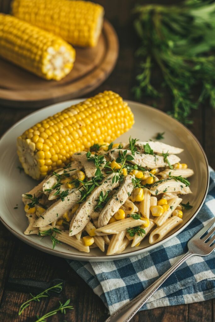 Chicken Pasta Salad with Grilled Corn Side