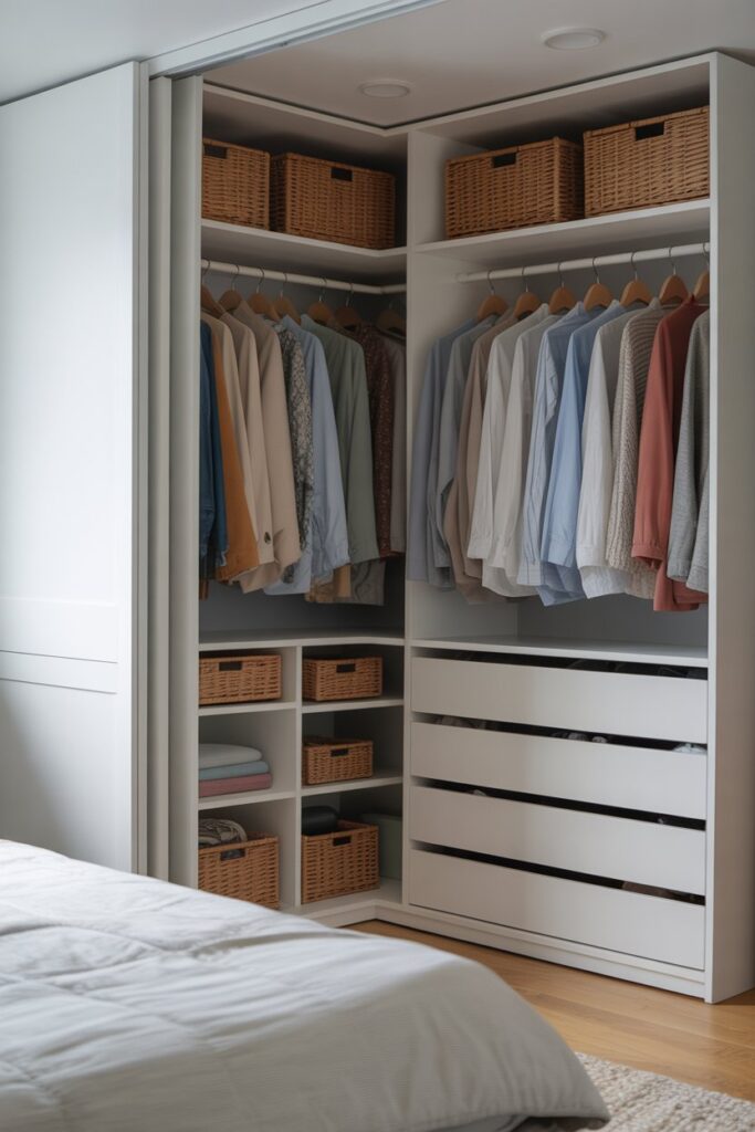 Corner Closet with Built-In Drawers