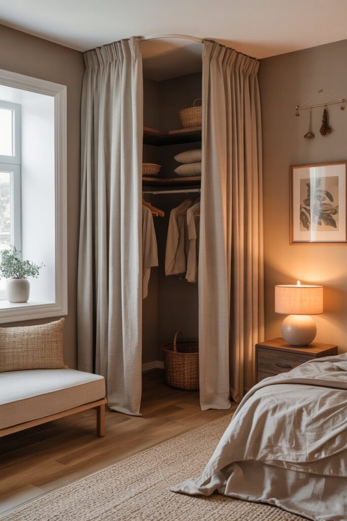 Curtain-Covered Corner Closet