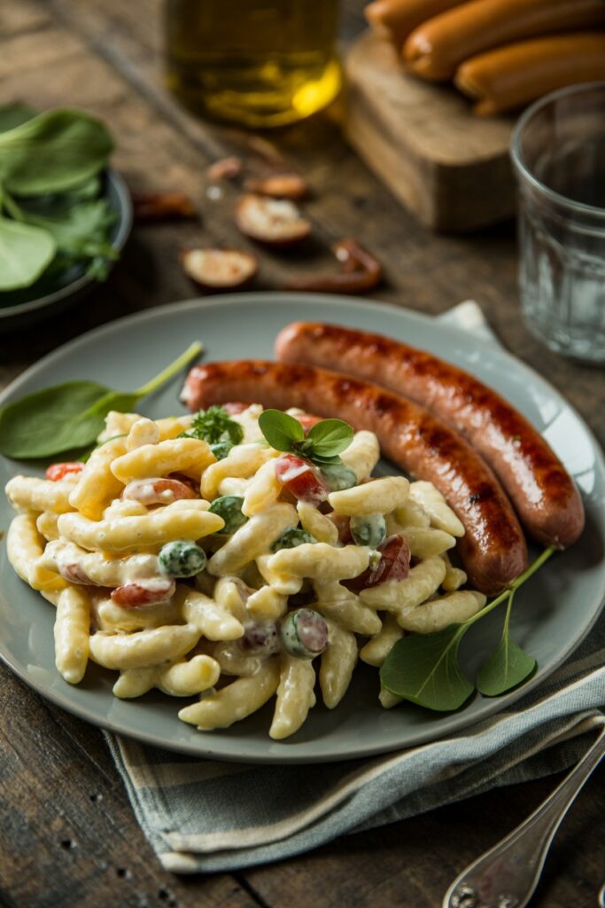Creamy Pasta Salad with Grilled Sausages