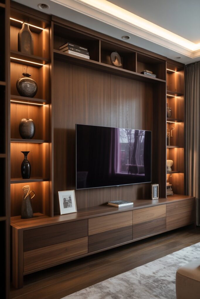 Dark Wood TV Wall with Hidden Drawers