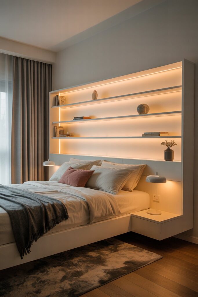 Floating Headboard with Hidden Shelves