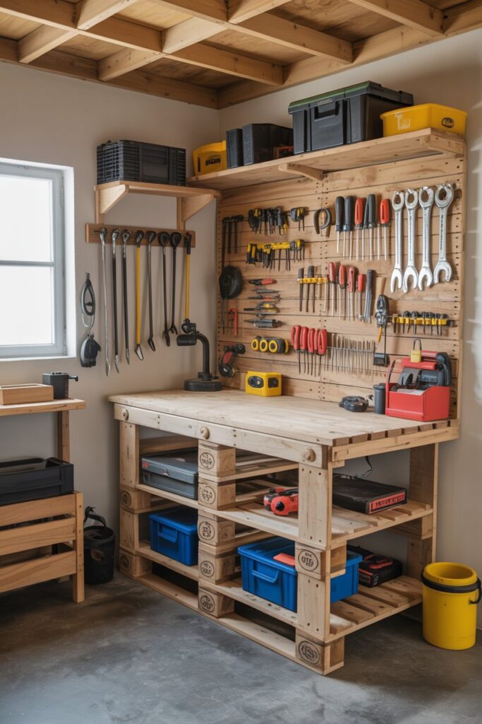 Fold-Down Pallet Workbench Storage