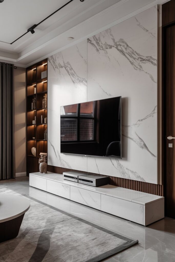 Marble TV Wall with Hidden Cabinets