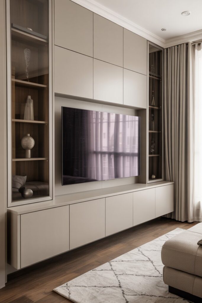 TV Wall with Mirror Hidden Storage