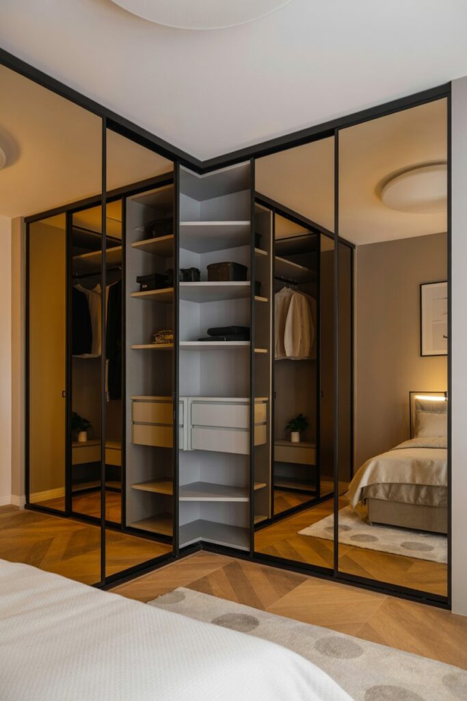Corner Closet with Sliding Mirror Panels