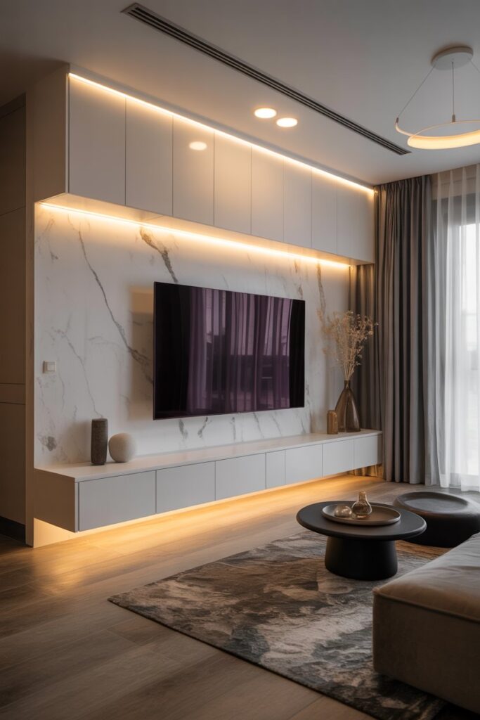 Floating TV Wall with Hidden Cabinets