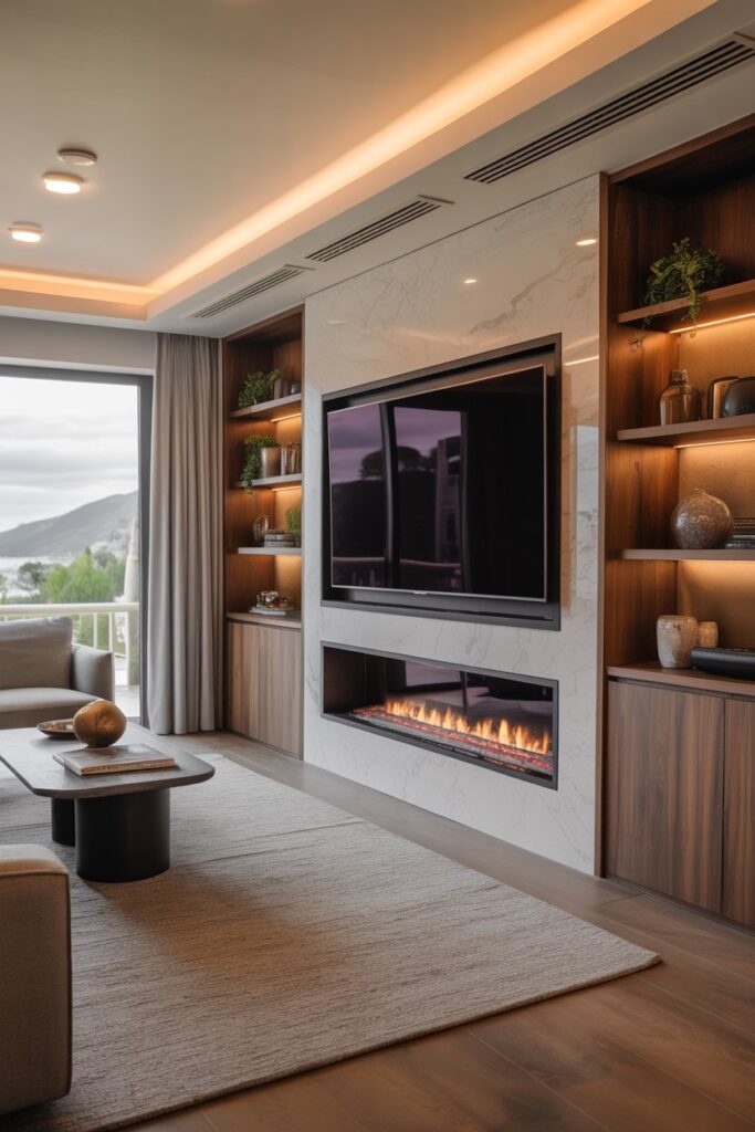 TV Wall with Hidden Fireplace Storage