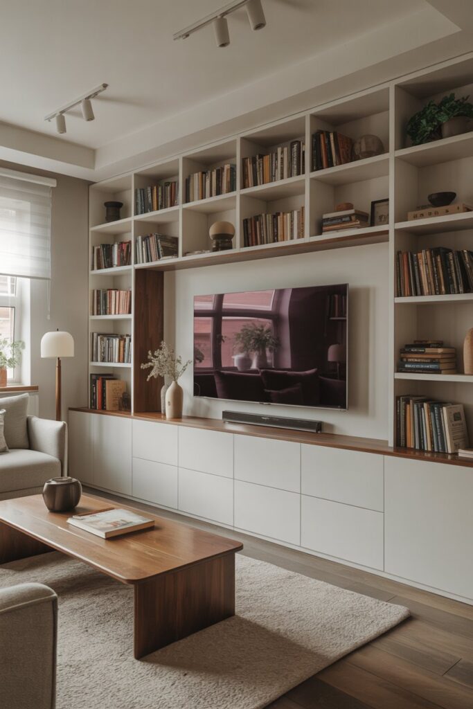 10. TV Wall with Hidden Bookshelf Storage