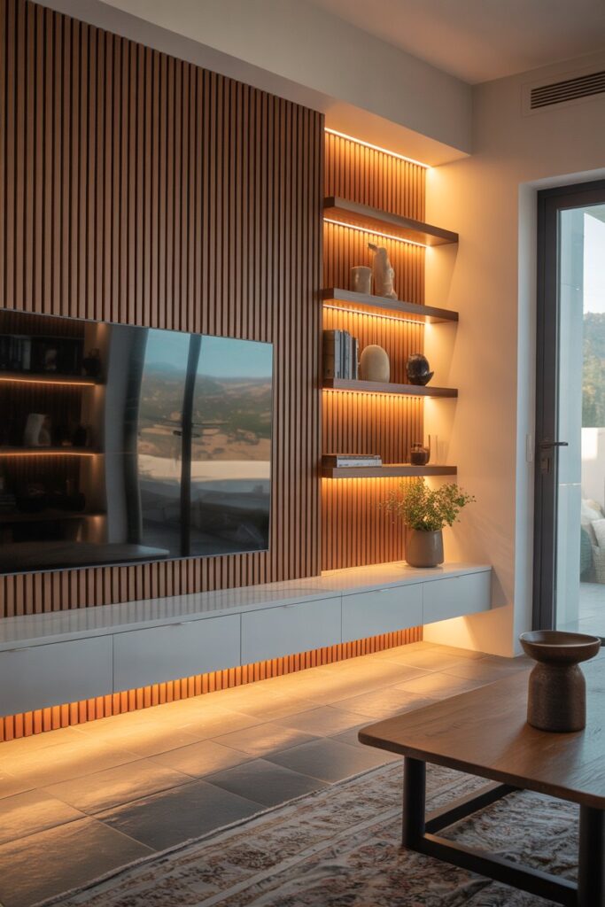 Wood Slat TV Wall with Hidden Shelves