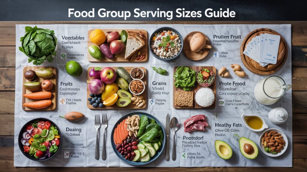 Realistic 4K healthy eating infographic titled "Food Group Serving Sizes Guide", top-down balanced meal layout on a clean dining table, featuring all major food groups arranged neatly: vegetables, fruits, grains, protein foods, dairy, and healthy fats, each section clearly labeled with serving sizes and visual comparisons, ultra-realistic food photography style, vegetables shown as 1 cup, fruits as 1 medium fruit, grains as 1/2 cup cooked rice or bread slice, protein portion compared to a deck of cards, dairy in a glass bowl or cup, healthy fats shown as olive oil, nuts, and avocado, modern infographic design with subtle nutrition icons and measurement labels, soft natural lighting, neutral marble or wooden background, professional cookbook and nutrition magazine style, balanced composition with clean typography spacing, ultra detailed, sharp focus, 4K resolution