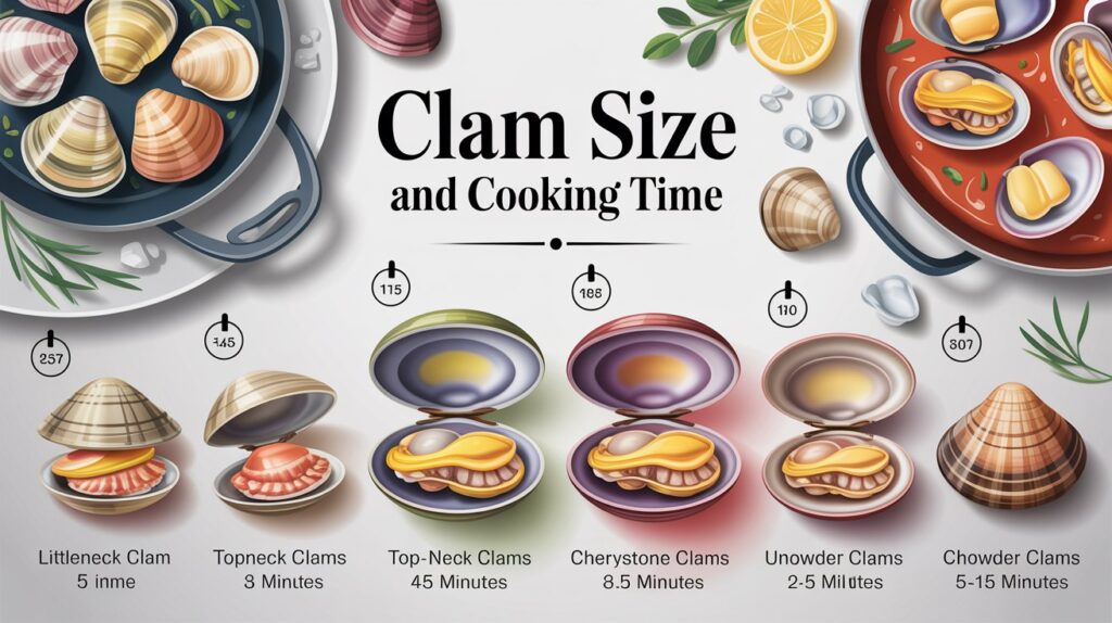 Realistic 4K seafood cooking infographic titled "Clam Size And Cooking Time", elegant top-down seafood kitchen layout featuring different clam size categories including littleneck clams, topneck clams, cherrystone clams, and chowder clams, each clearly labeled with approximate cooking times from 5–15 minutes, ultra-realistic clam shell textures with steamed opened shells and tender clam meat visible inside, side-by-side visual comparison of raw clams, perfectly cooked opened clams, and unopened unsafe clams, clean modern infographic design with subtle timer icons, steam effects, and cooking pot graphics, luxury seafood restaurant aesthetic with crushed ice, herbs, butter, and lemon garnish, balanced typography space, highly detailed shellfish rendering, ultra realistic, sharp focus, 4K resolution