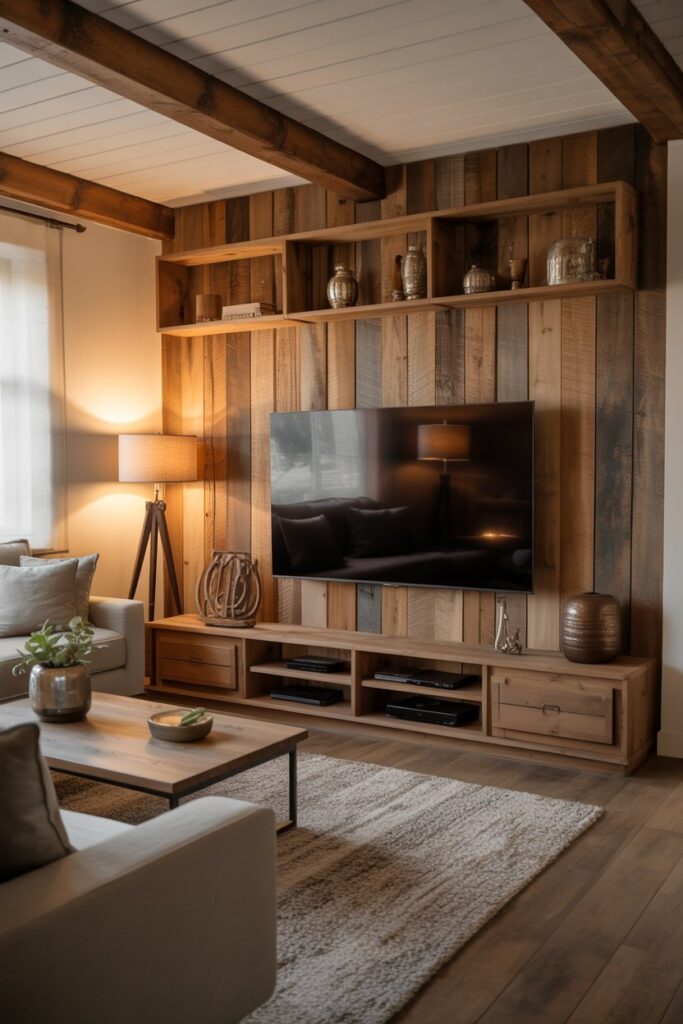 Rustic TV Wall with Hidden Cabinets