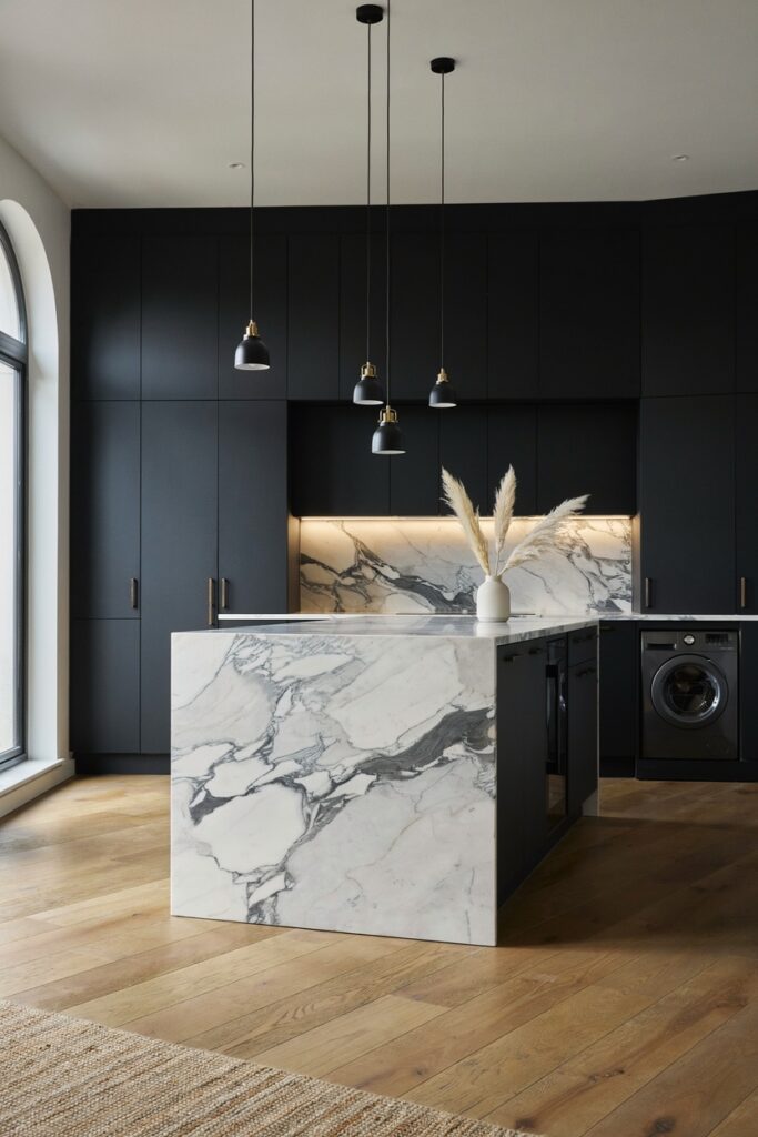 Modern Black Kitchen with Integrated Washer