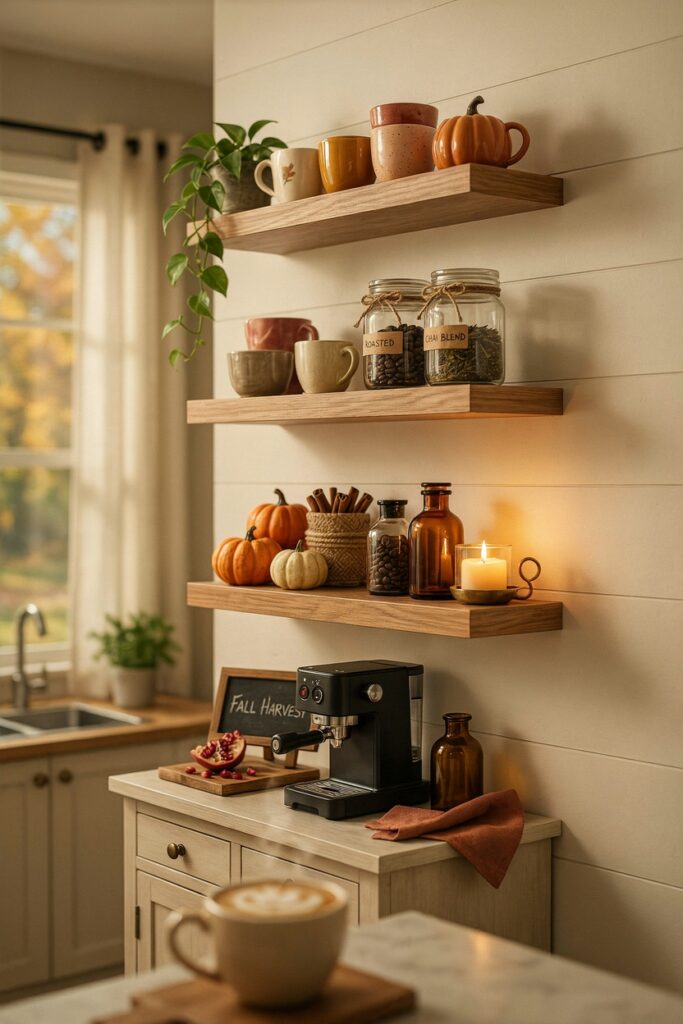 “Cozy fall coffee bar corner in a Bloxburg kitchen, floating wooden shelves displaying autumn mugs, coffee jars, mini pumpkins, cinnamon sticks, amber decor, warm orange and cream color palette, aesthetic Roblox interior, realistic lighting”