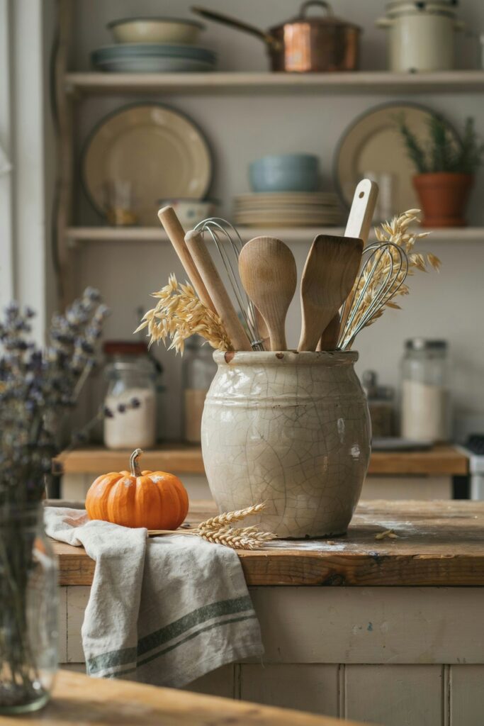 Antique Crock & Wooden Utensil Corner