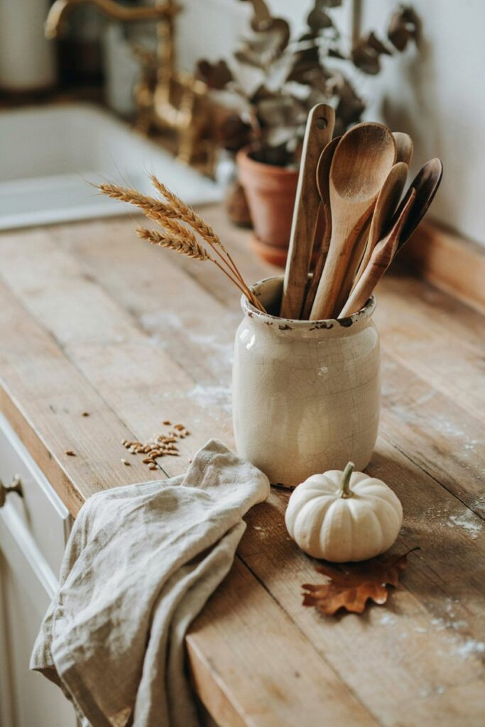 Vintage Crock with Wooden Utensils