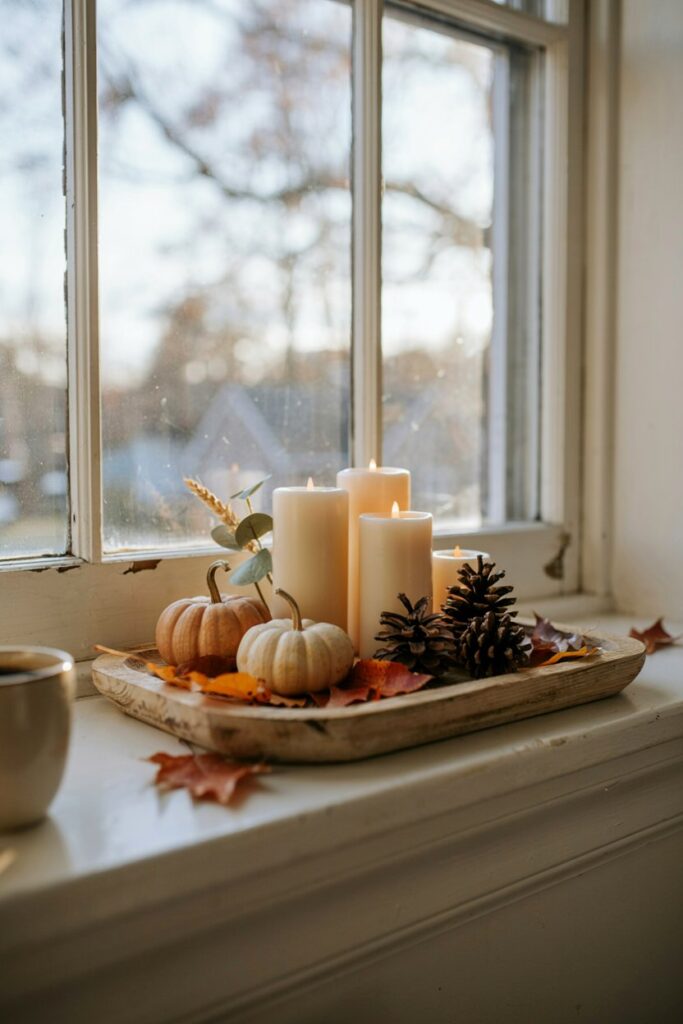 Candle & Mini Pumpkin Window Tray