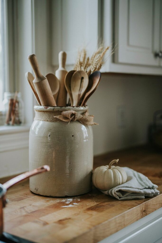 Vintage Crock with Wooden Utensils