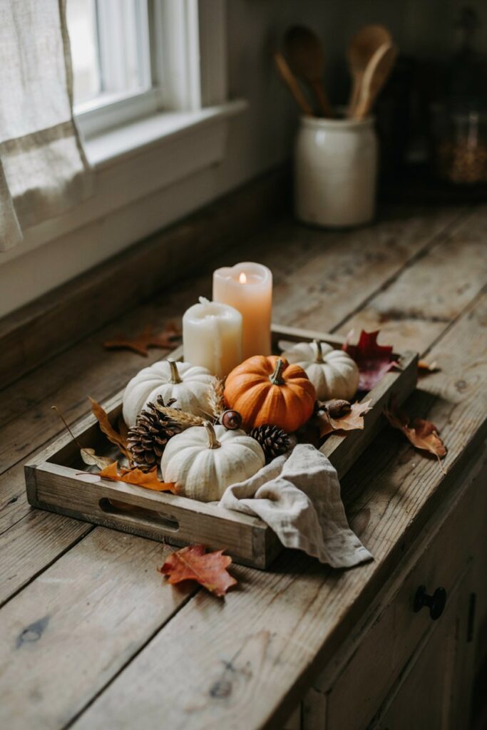 Wooden Tray with Mini Pumpkins