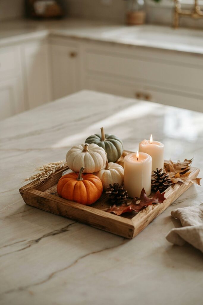 Wooden Tray with Mini Pumpkins