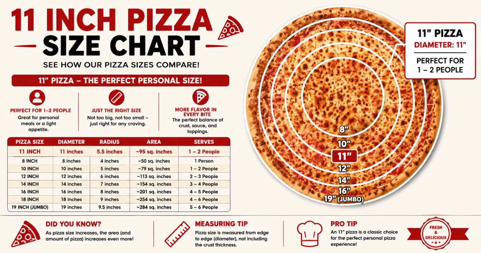 11 Inch Pizza Size Chart: Slices, Servings, Calories & Portion Guide 11 Inch Pizza Size Chart: Slices, Servings, Calories & Portion Guide