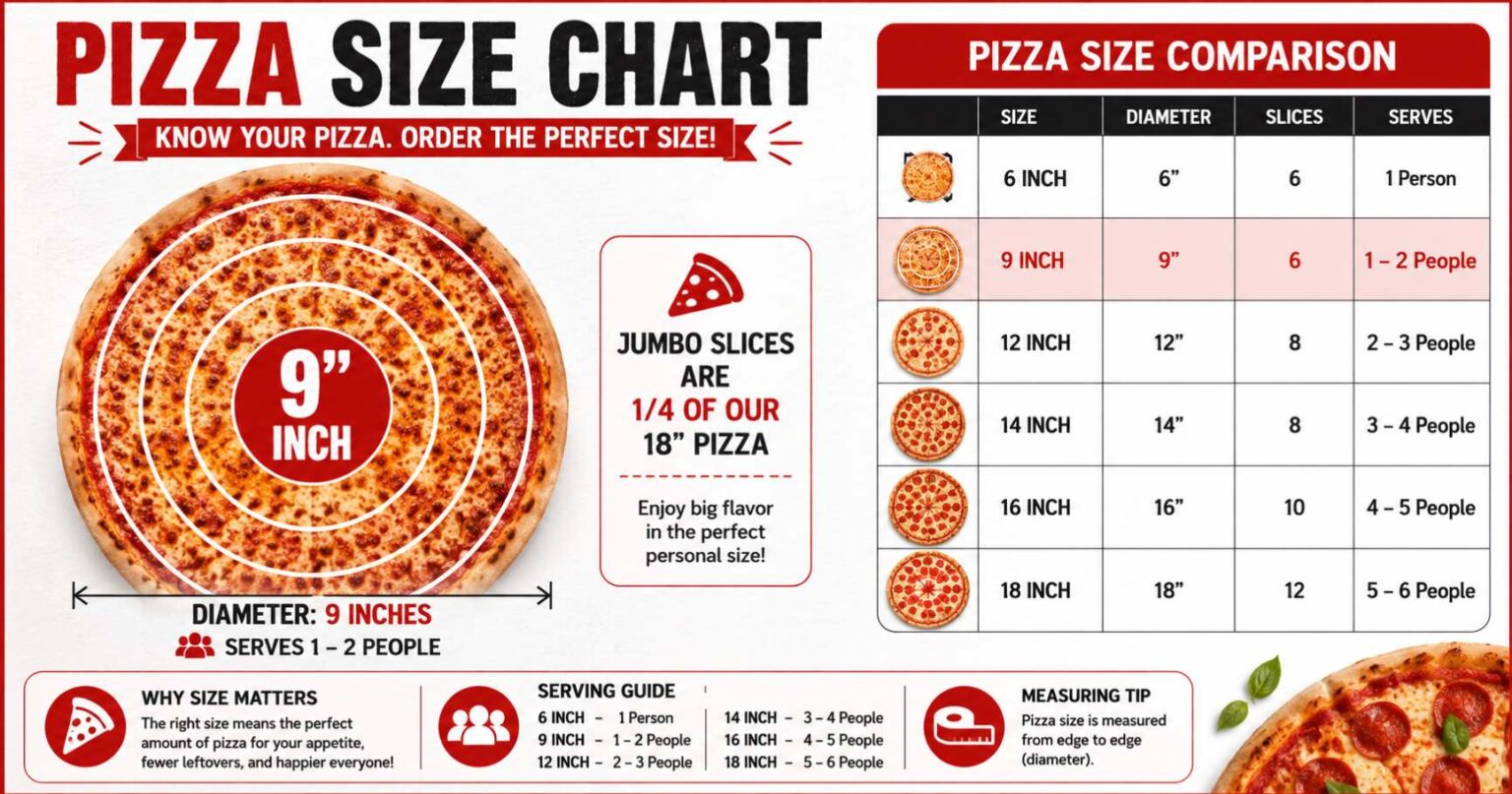 9 Inch Pizza Size Chart: Slices, Servings, Calories & Portion Guide 9 inch pizza size chart with slices, servings, area, calories, and portion tips to help you order the right pizza.
