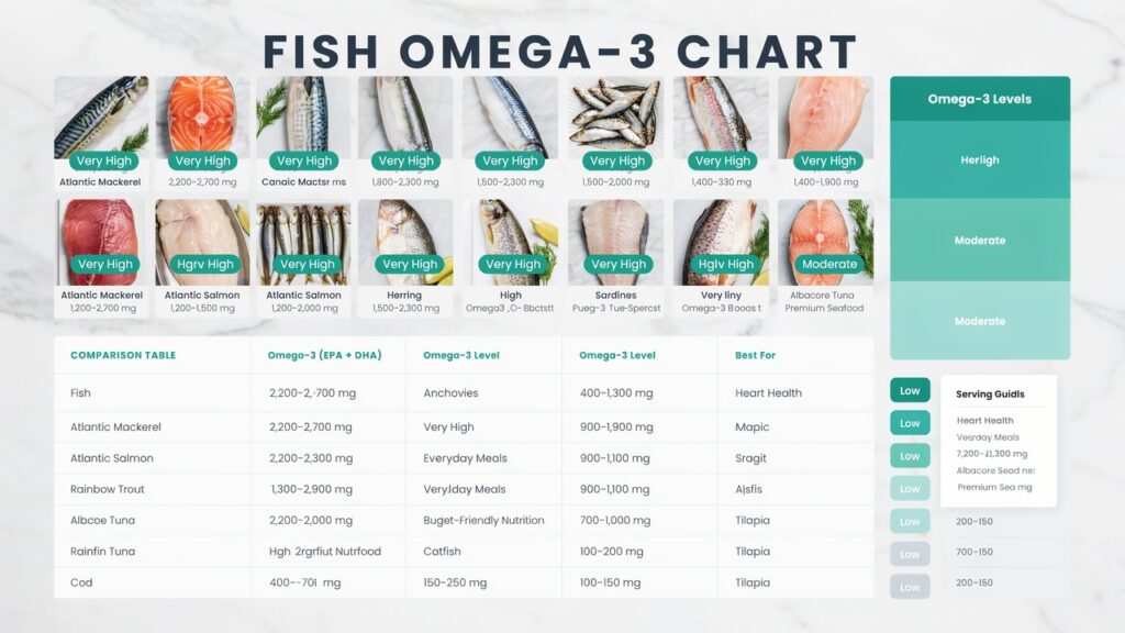 Fish Omega-3 Chart: Omega-3 Content by Fish Type fish omega 3 chart
