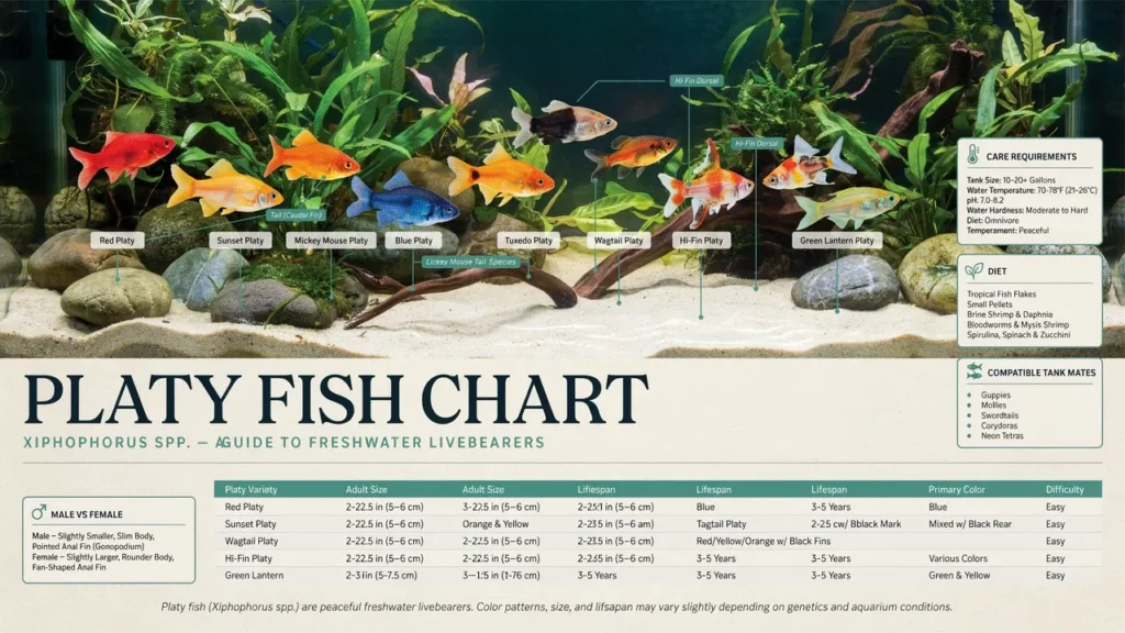 Platy Fish Chart: Size, Lifespan, Colors & Care Guide Platy Fish Chart: Size, Lifespan, Colors & Care Guide