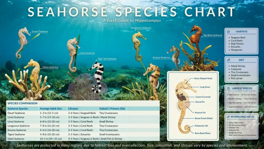Seahorse Chart: Common Seahorse Species, Size, Habitat Seahorse Chart: Common Seahorse Species, Size, Habitat