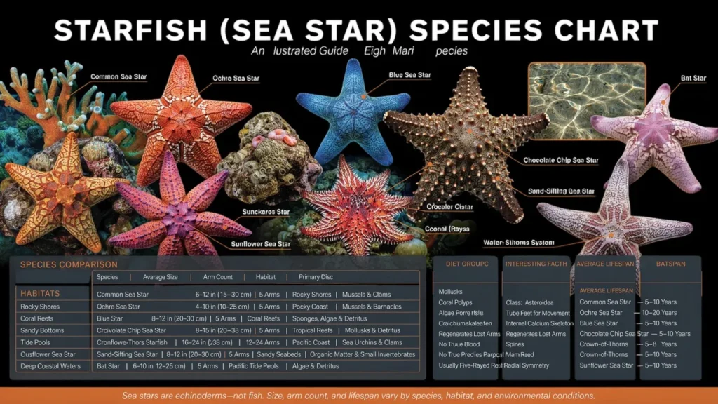 Starfish Chart: Common Sea Star Species, Size, Habitat & Diet Starfish Chart: Common Sea Star Species, Size, Habitat & Diet