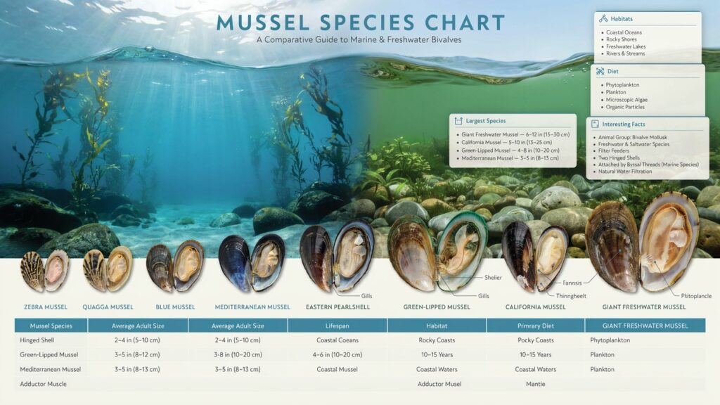 Mussel Chart: Common Mussel Species, Size, Habitat & Diet Guide Mussel Chart: Common Mussel Species, Size, Habitat & Diet Guide